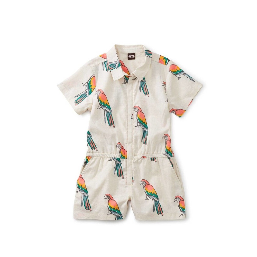 Tea Collection Girl's 6 Lake Romper Mccaw Bird Linen Blend Zip Up Size 16